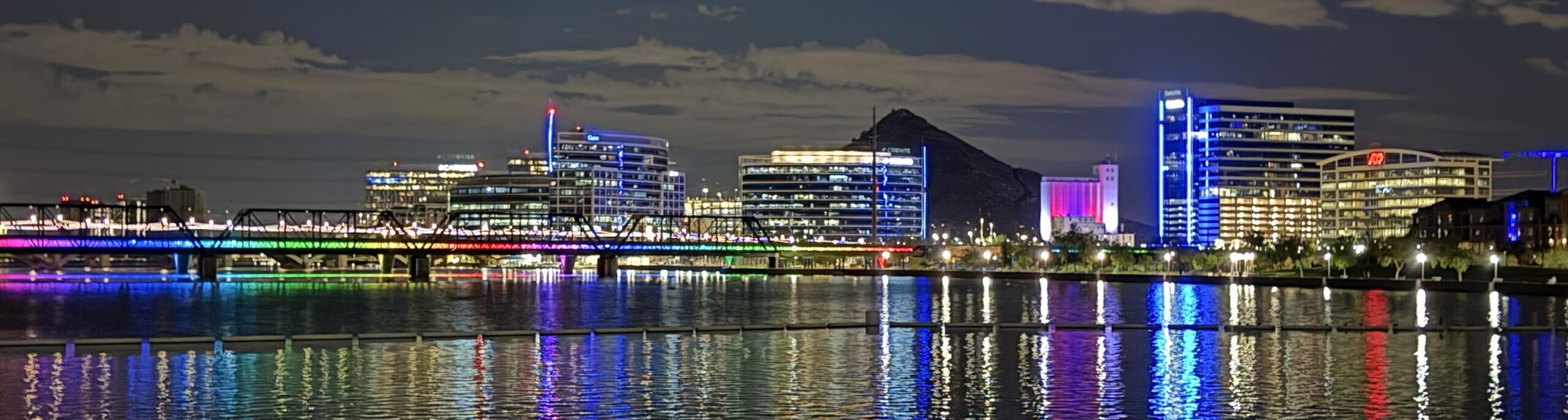 Tempe Town Lake at night with city lights